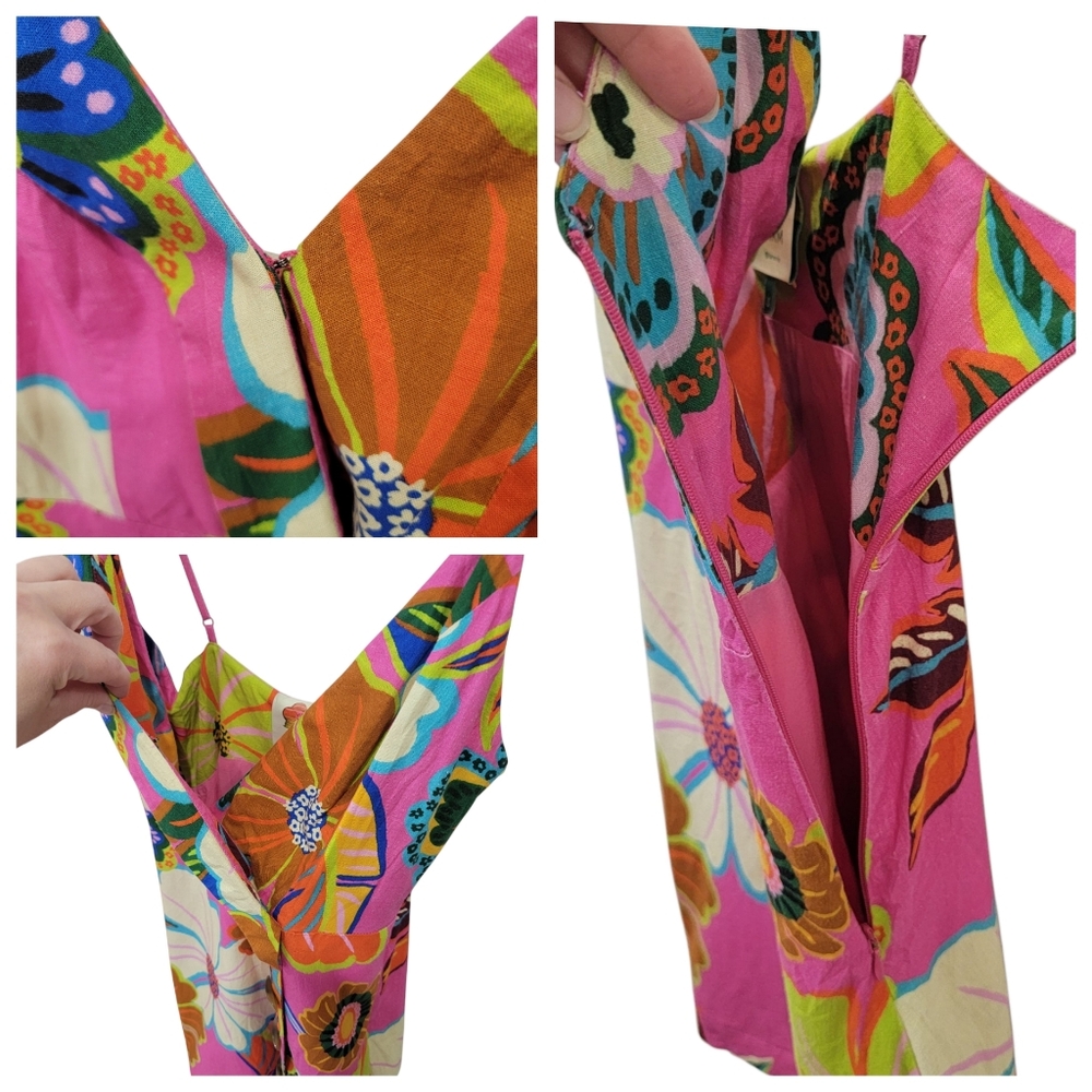 Farm Rio Garden Mini Dress Faux Wrap Pink Linen Blend Bright Neon Colorf… - Picture 10 of 17